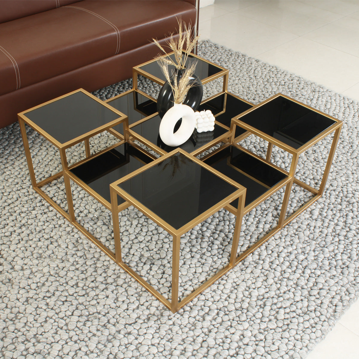 LatteLedge Black Glass Bunching Coffee Table in Dark Gold Finish