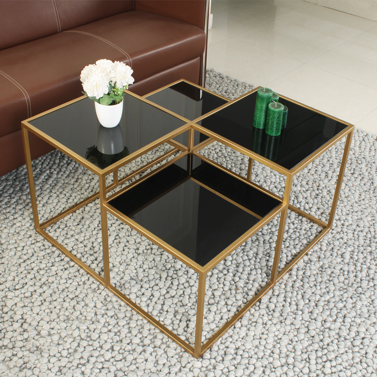 LatteLedge Black Glass Bunching Coffee Table in Dark Gold Finish