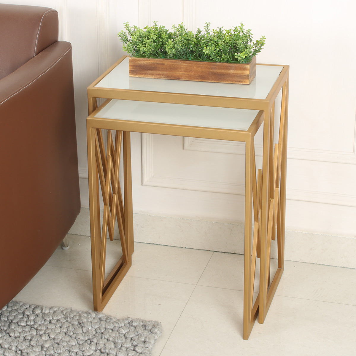 Nimbus Frosted Glass Nesting Side Table in Dark Gold Finish