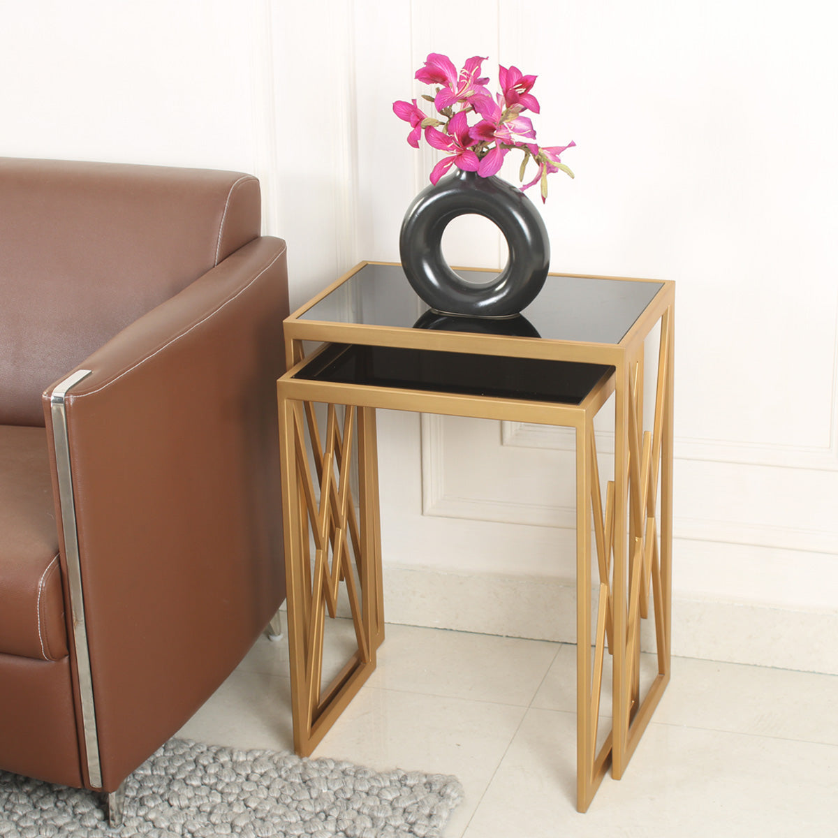 Nimbus Black Glass Nesting Side Table in Dark Gold Finish