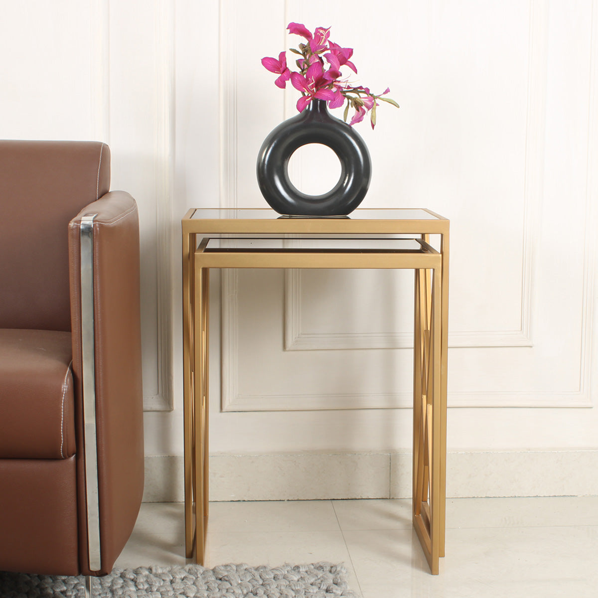 Nimbus Black Glass Nesting Side Table in Dark Gold Finish