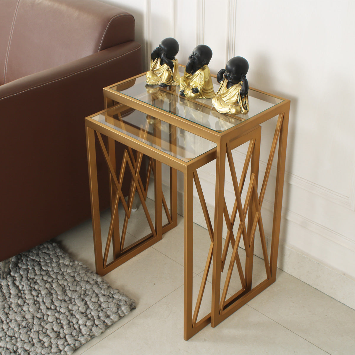 Nimbus Clear Glass Nesting Side Table in Dark Gold Finish