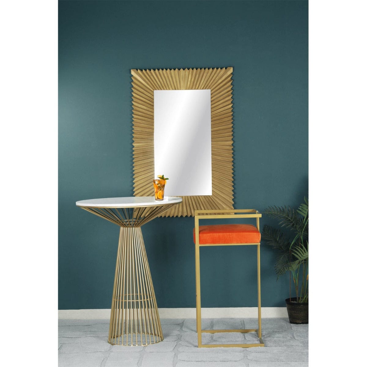 Gleam Orange Velvet Fabric Metal Bar Chair In Gold Finish