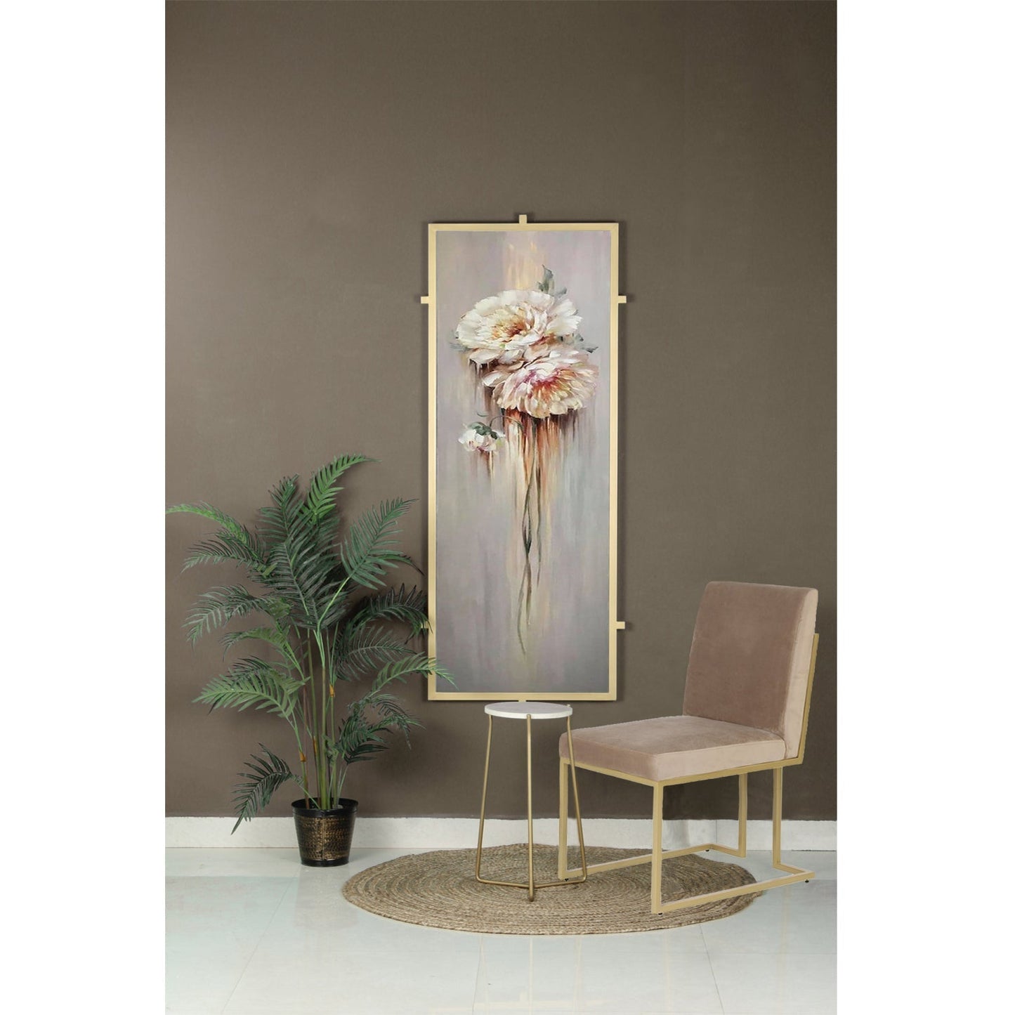 Aura Beige Velvet Fabric Dining Metal Chair In Gold Finish