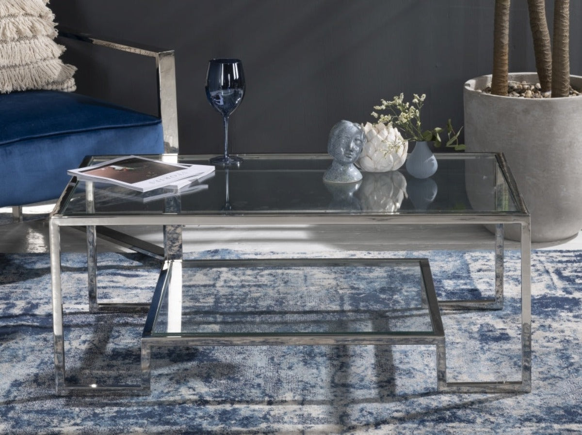 Sip Station Glass Coffee Table In Chrome Finish