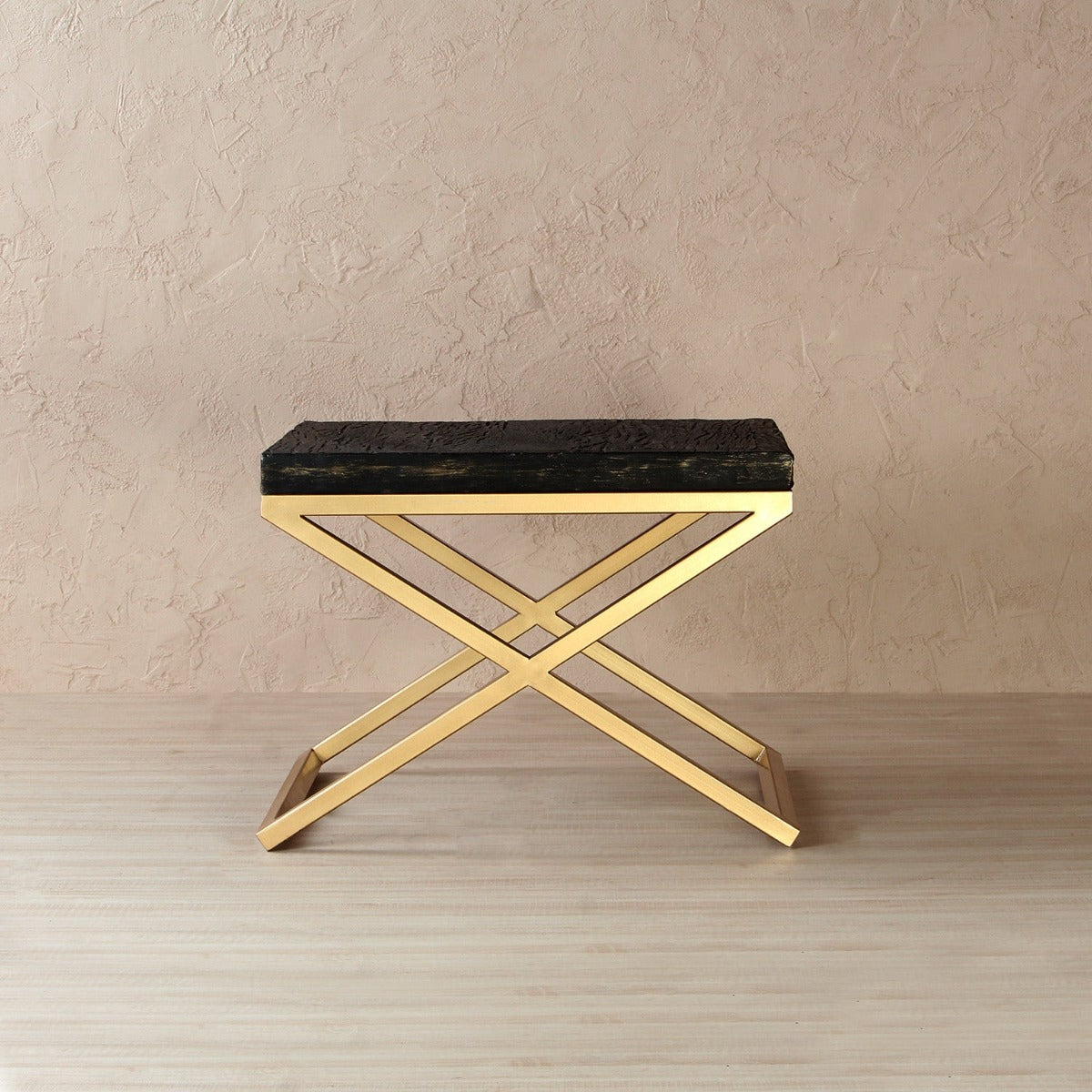 Velvet Wooden Side Table In Antique Gold Finish