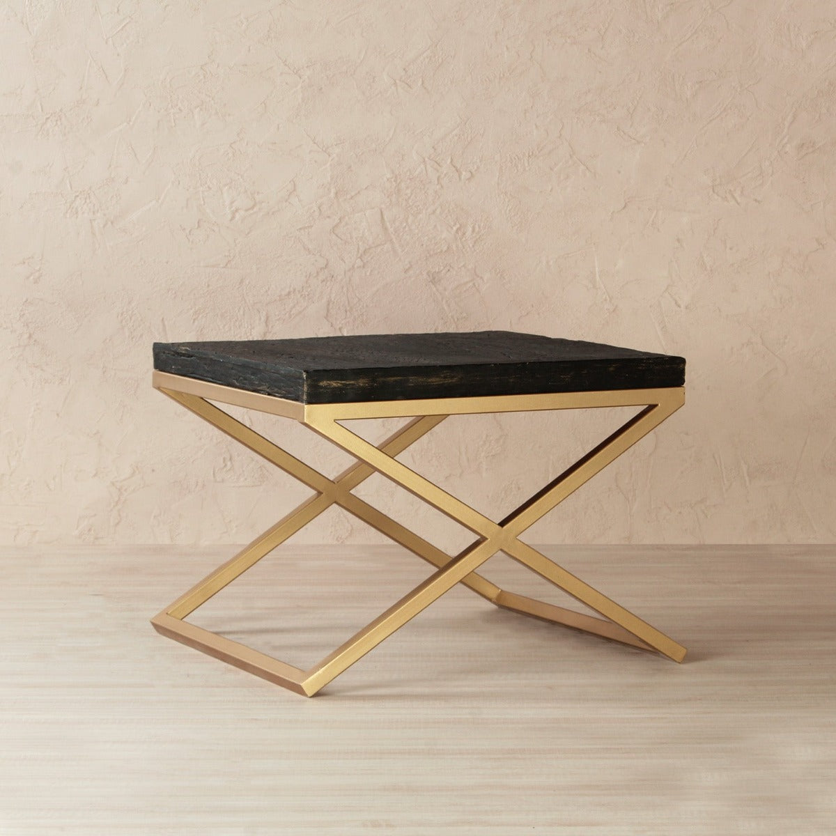 Velvet Wooden Side Table In Antique Gold Finish