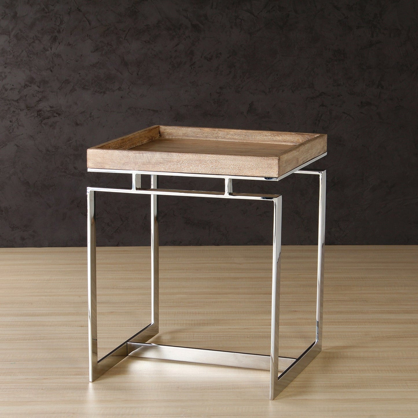 Steamy Surface Wooden Side Table In Chrome Finish