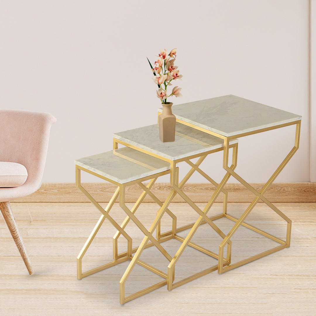 Luxor Marble Nesting Table In Gold Finish (Set Of 3)