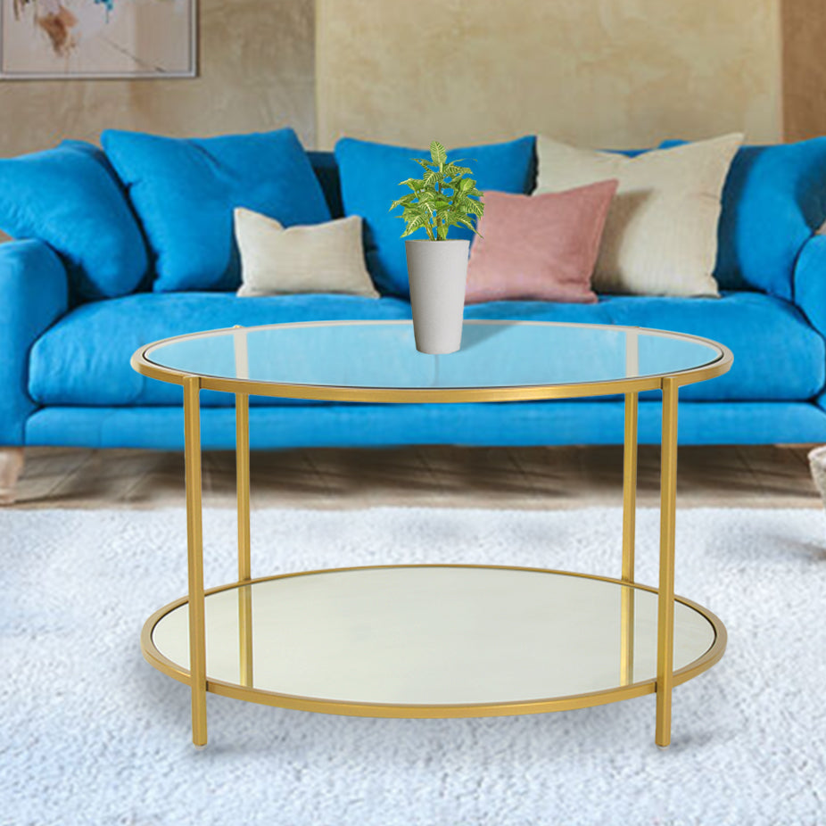 Blend Bench Round Glass Coffee Table In Gold Finish