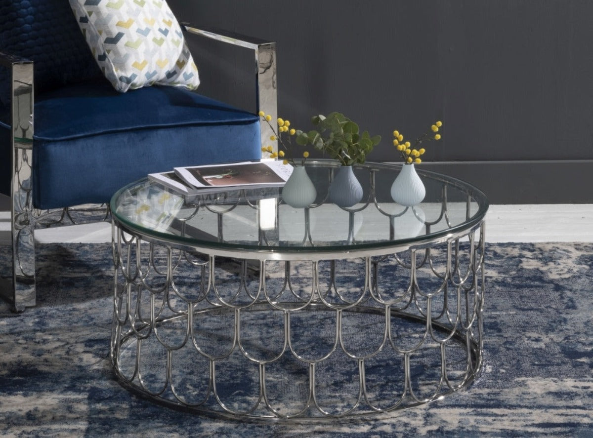 PerkPlatform Glass Round Coffee Table In Chrome Finish