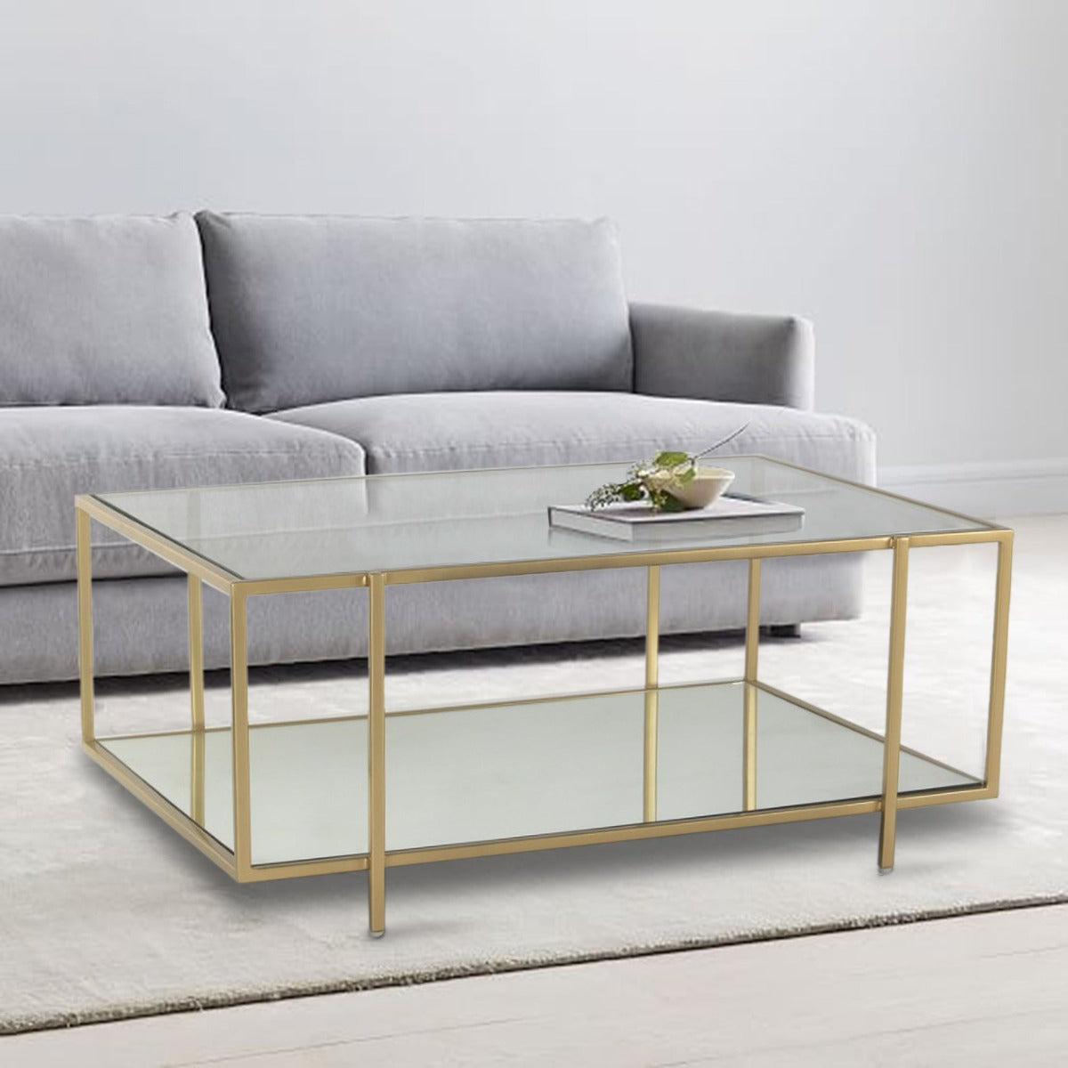 Blend Bench Square Glass Coffee Table In Gold Finish