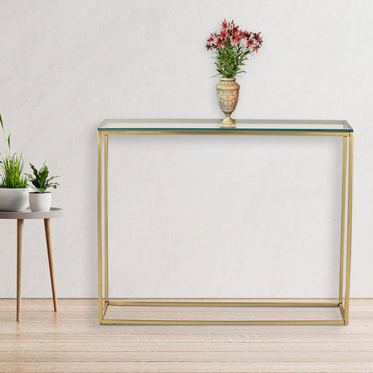 Transept Glass Console Table In Gold Finish