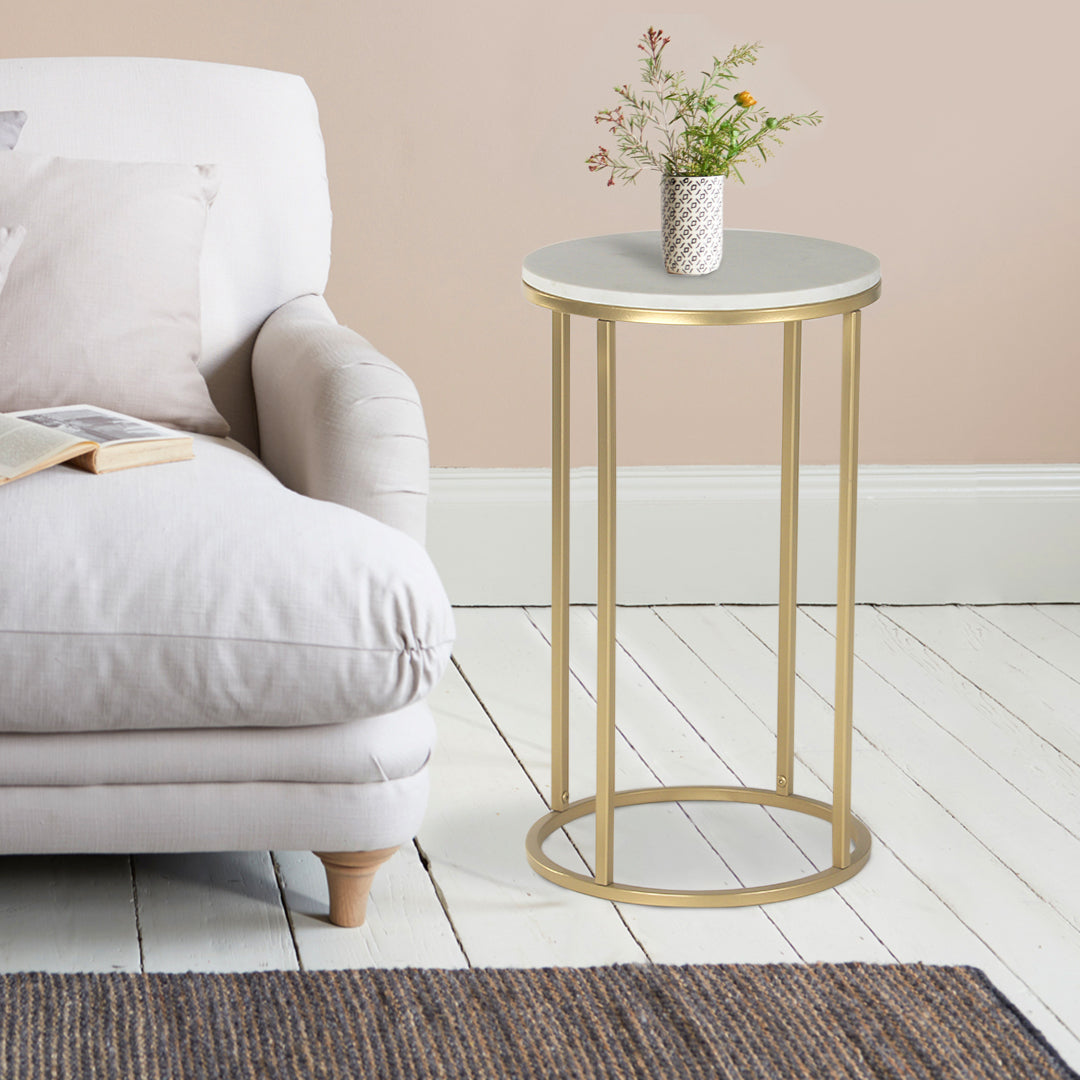 Willow Round Marble Side Table In Gold Finish