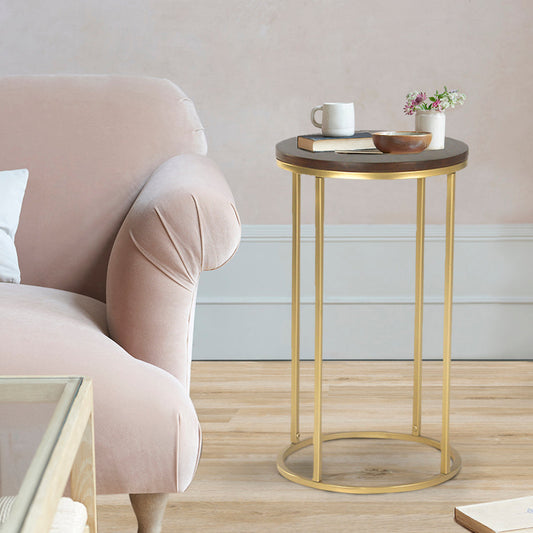 Willow Round Wooden Side Table In Gold Finish