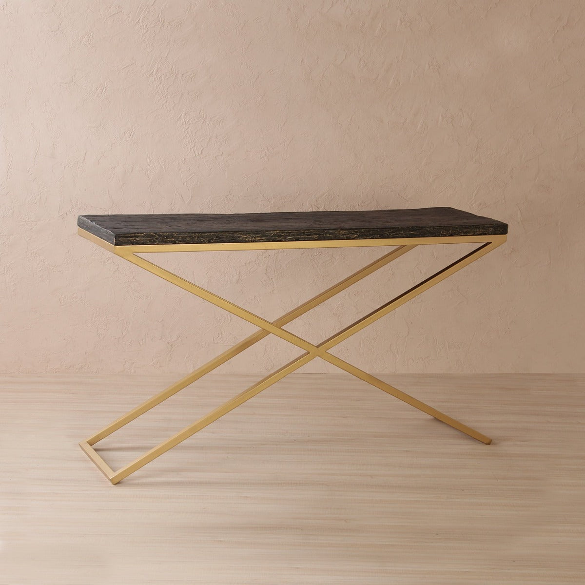 Ember Wooden Console Table In Antique Gold Finish