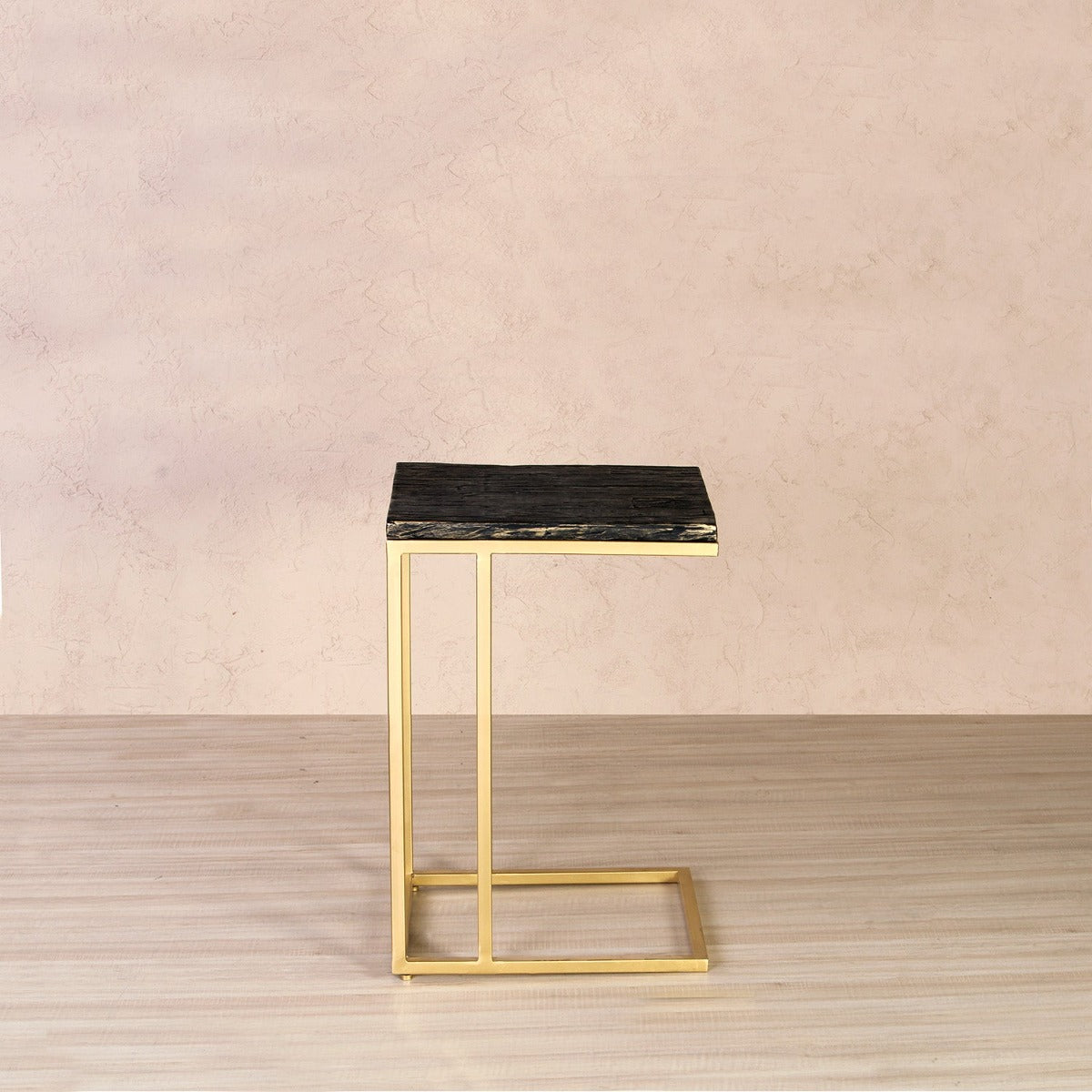 Velvet  Wooden C Table In Antique Gold Finish