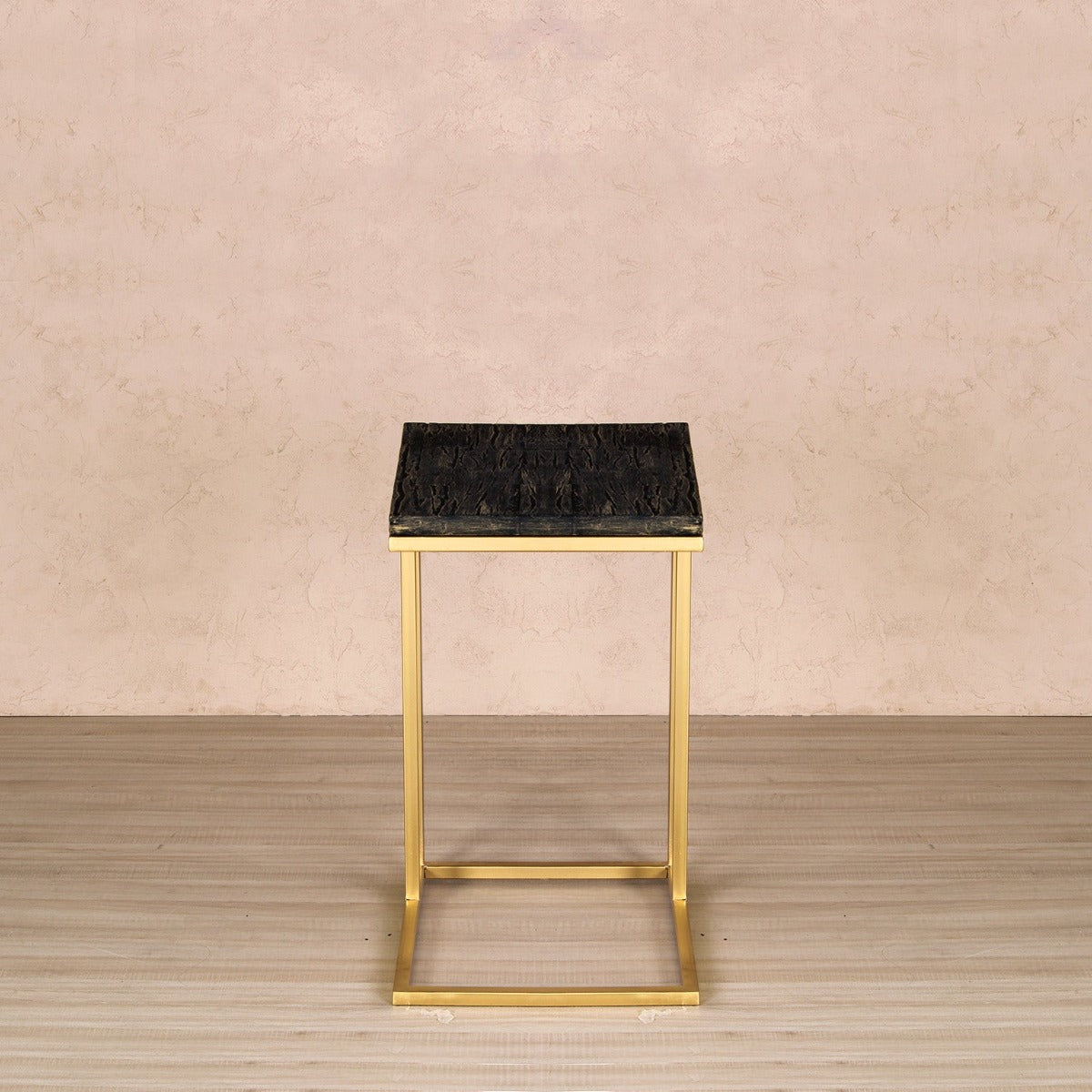 Velvet  Wooden C Table In Antique Gold Finish