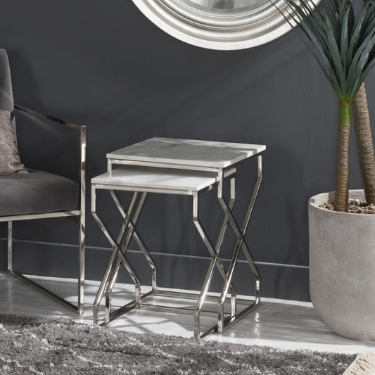 Luxor Marble Nesting Table In Chrome Finish (Set Of 2)