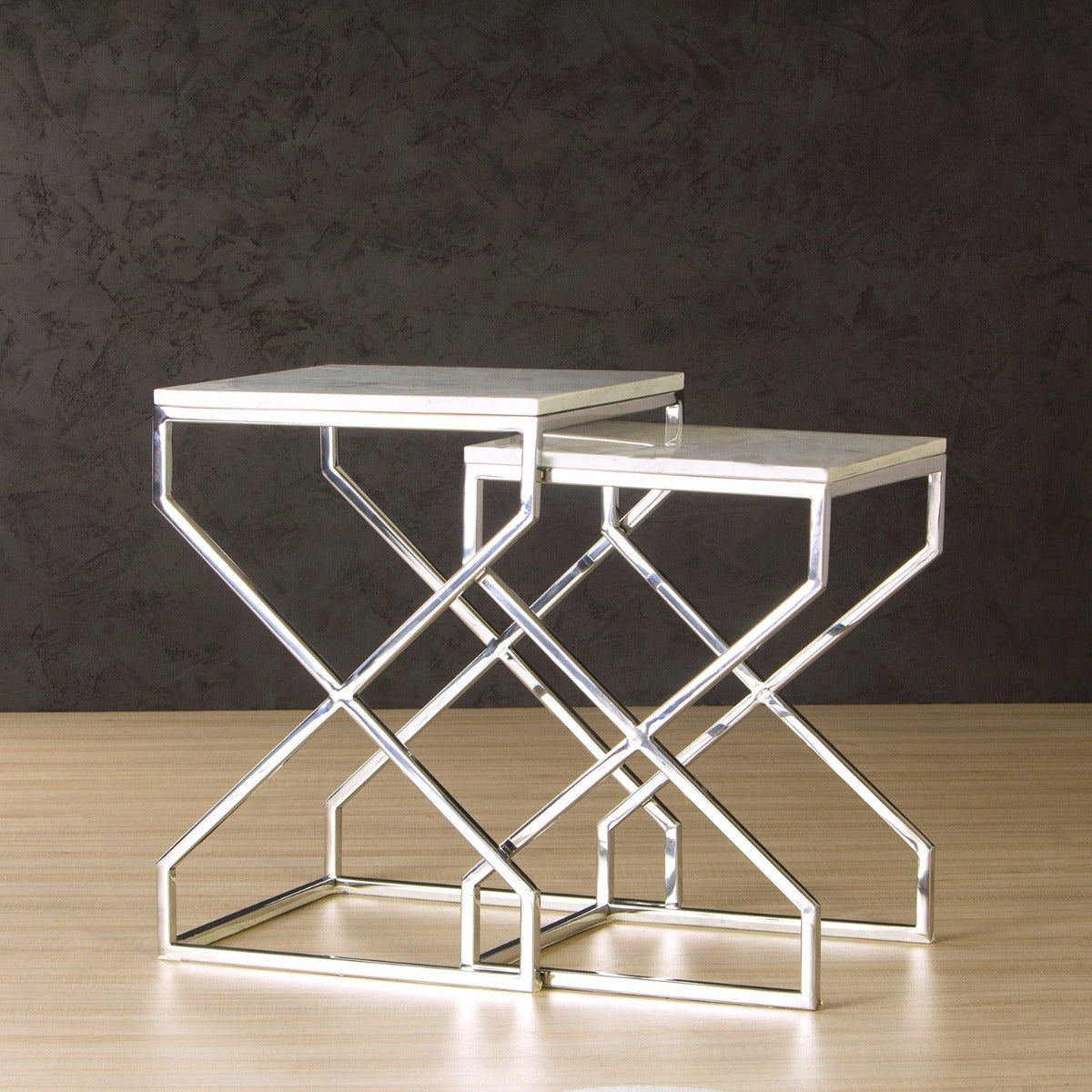 Luxor Marble Nesting Table In Chrome Finish (Set Of 2)