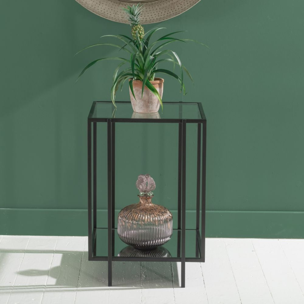 Ivy Glass Side Table In Black Finish