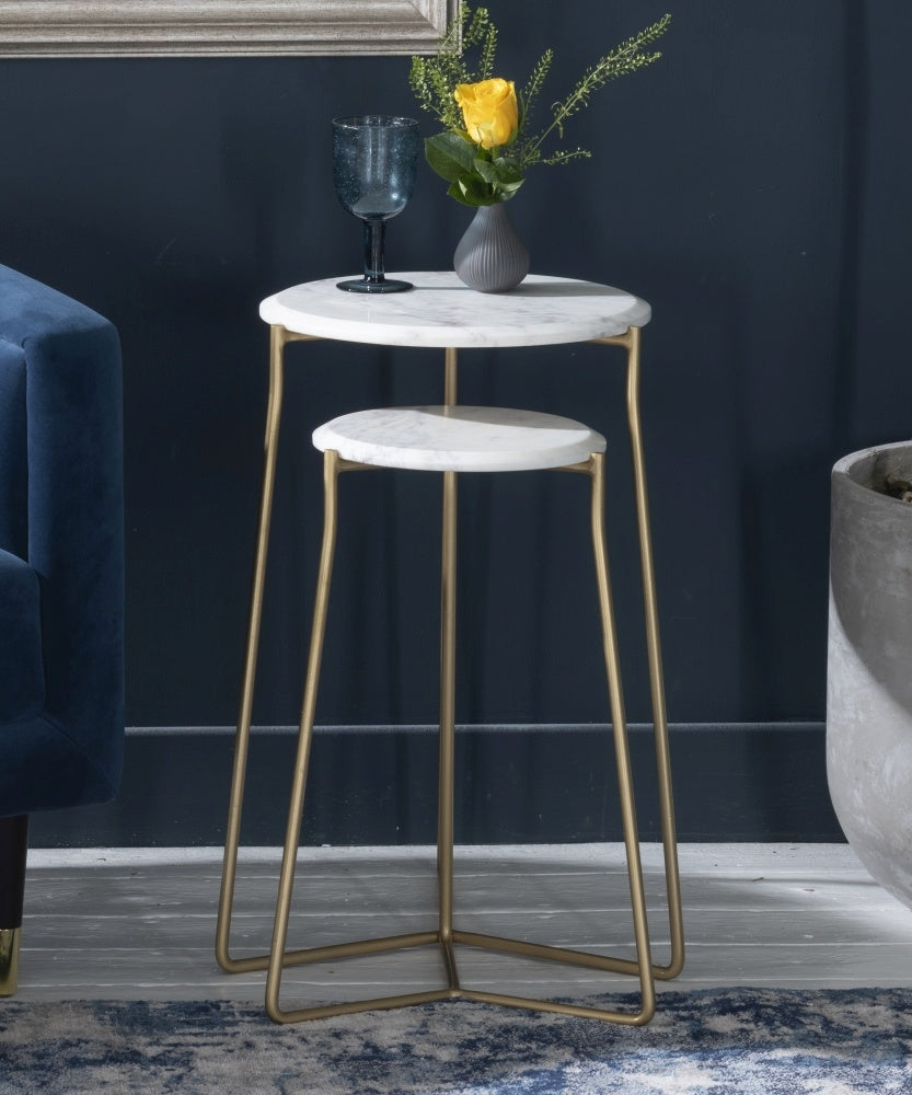 Tranquil Marble Nesting Side Table In Gold Finish (Set Of 2)