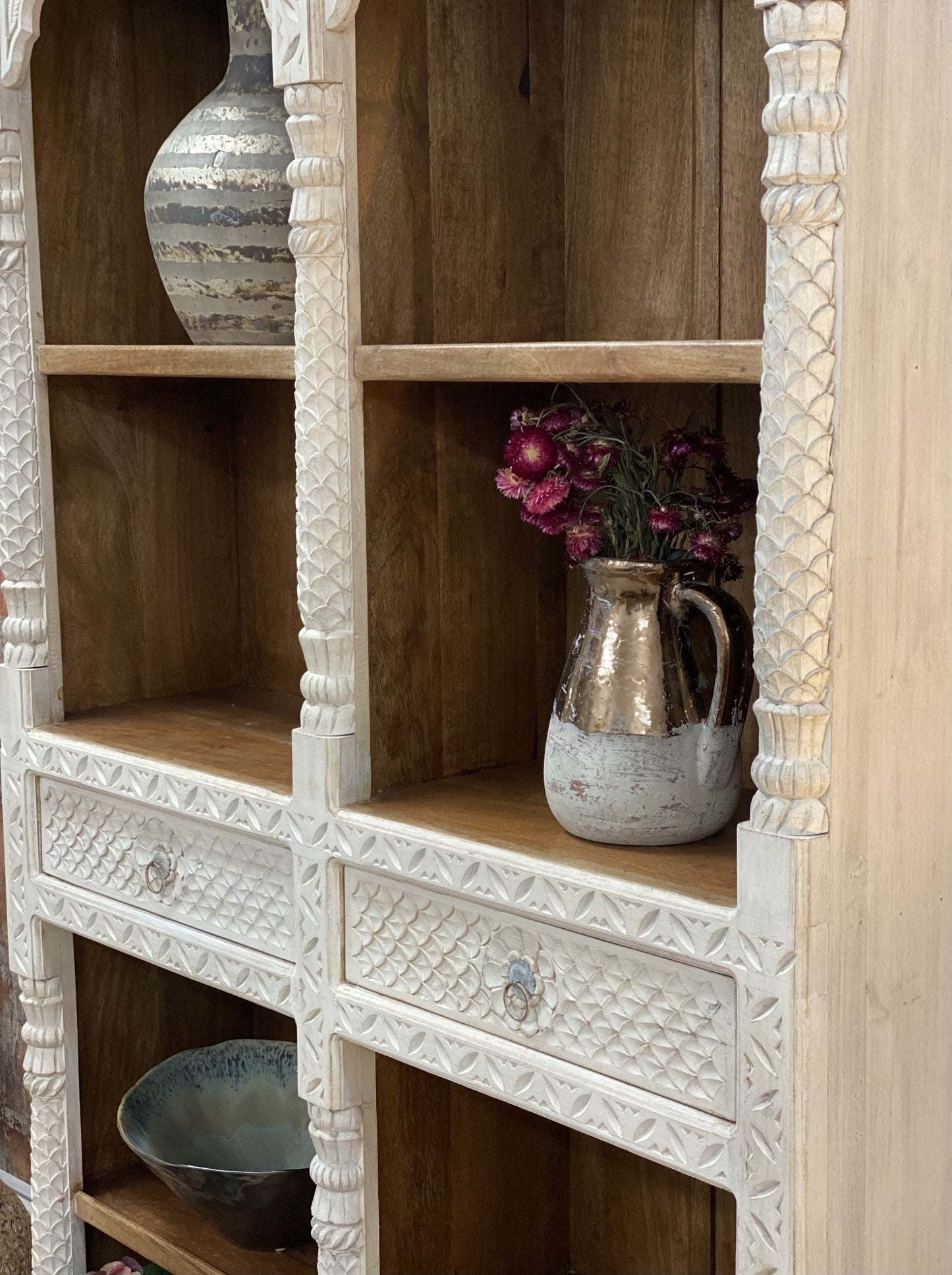 Elevated Carved Solid Wood Bookcase