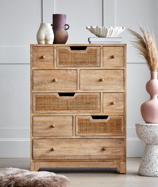 Noble Wood Rattan Ten Chest Of Drawers