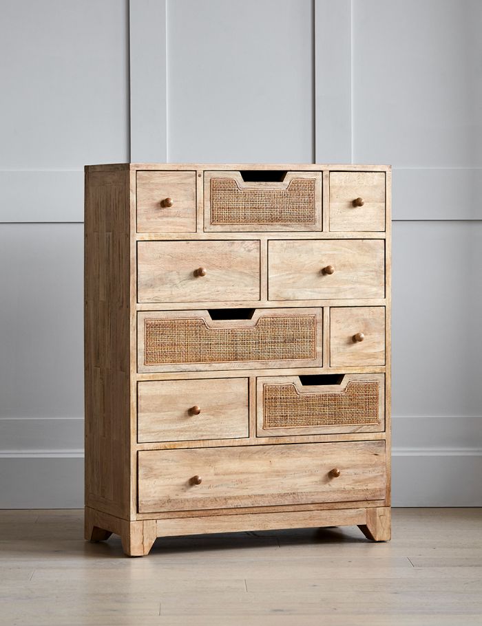 Noble Wood Rattan Ten Chest Of Drawers