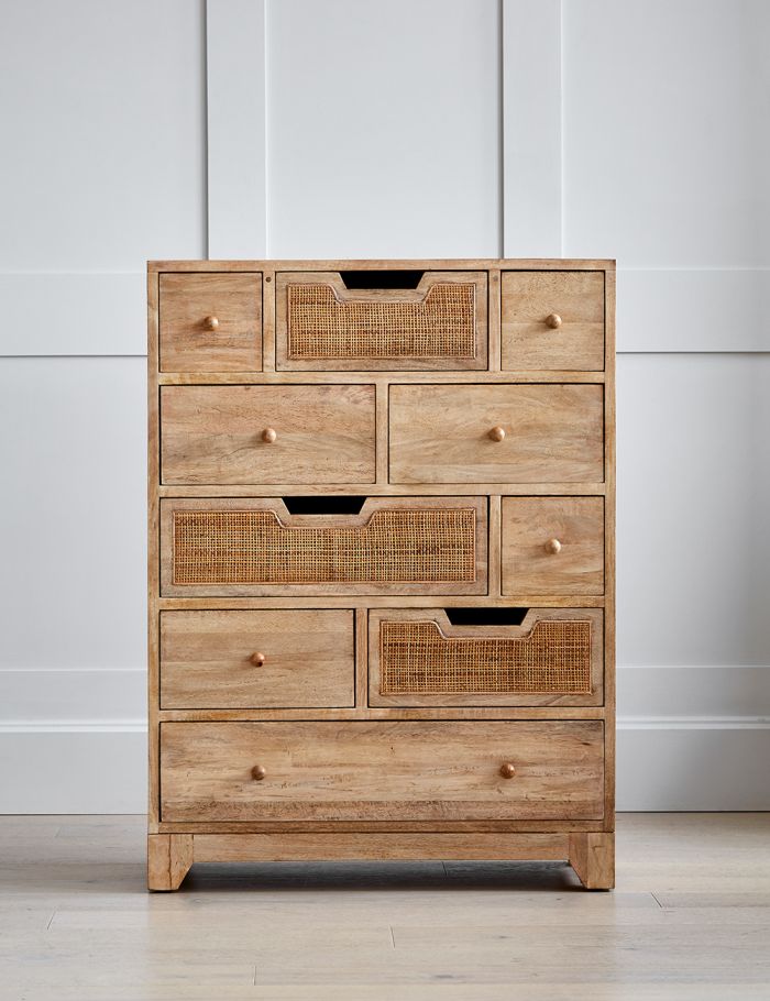 Noble Wood Rattan Ten Chest Of Drawers