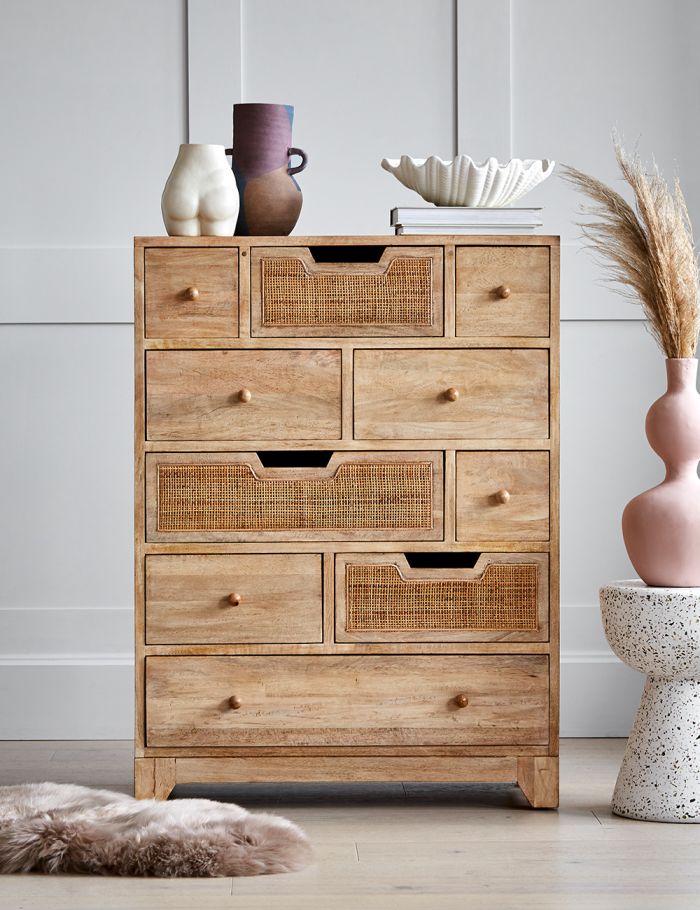 Noble Wood Rattan Ten Chest Of Drawers