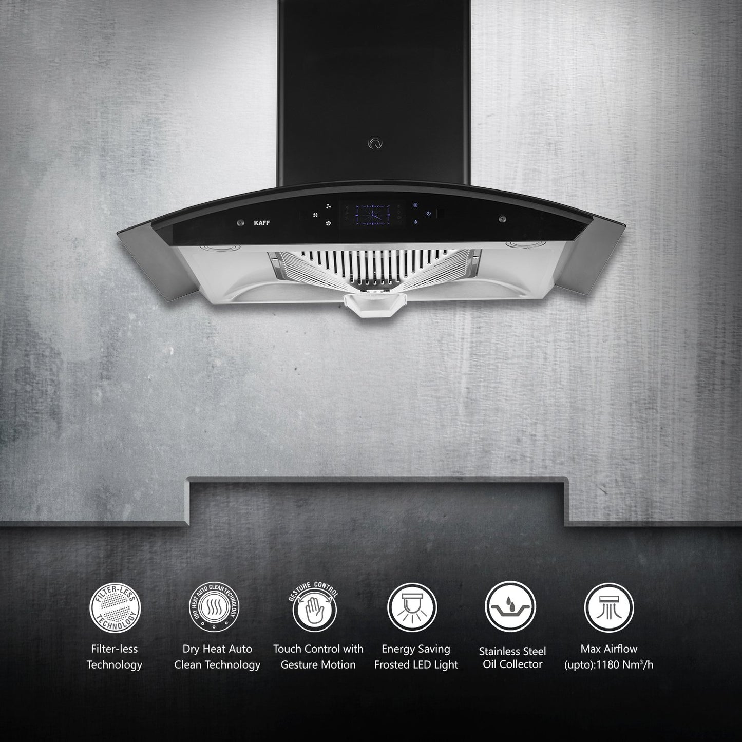 Kaff STELLA DHC 90 BS-Kitchen Chimney, Filter-Less + Auto Clean Technology, Black Curved Tempered Glass