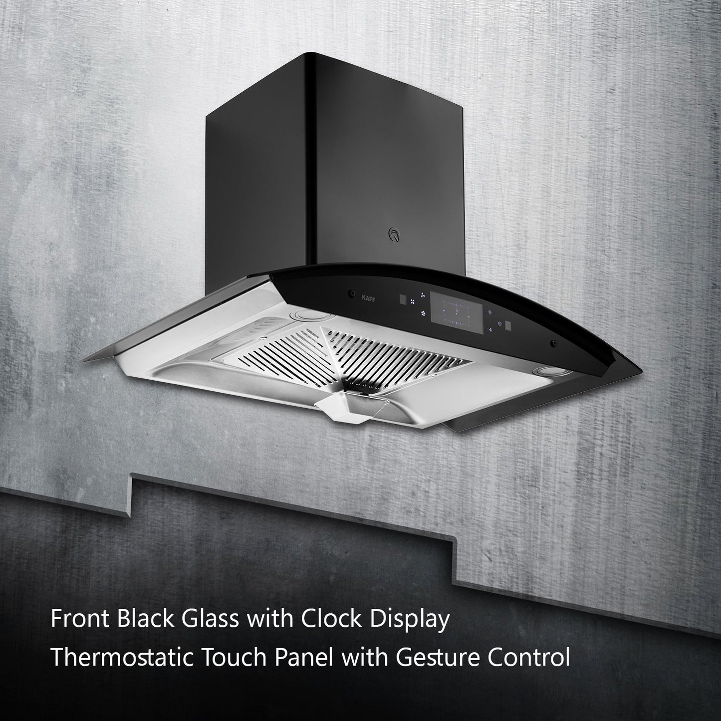 Kaff STELLA DHC 90 BS-Kitchen Chimney, Filter-Less + Auto Clean Technology, Black Curved Tempered Glass