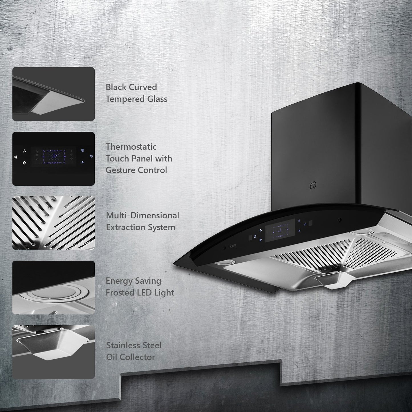 Kaff STELLA DHC 90 BS-Kitchen Chimney, Filter-Less + Auto Clean Technology, Black Curved Tempered Glass