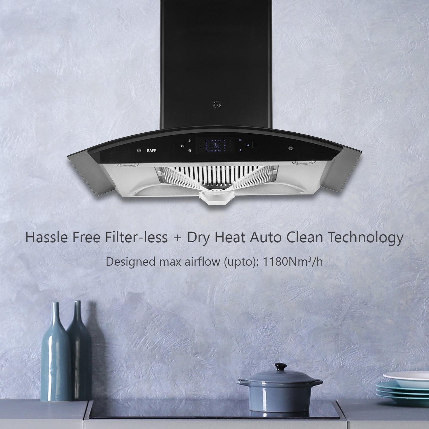 Kaff STELLA DHC 90 BS-Kitchen Chimney, Filter-Less + Auto Clean Technology, Black Curved Tempered Glass